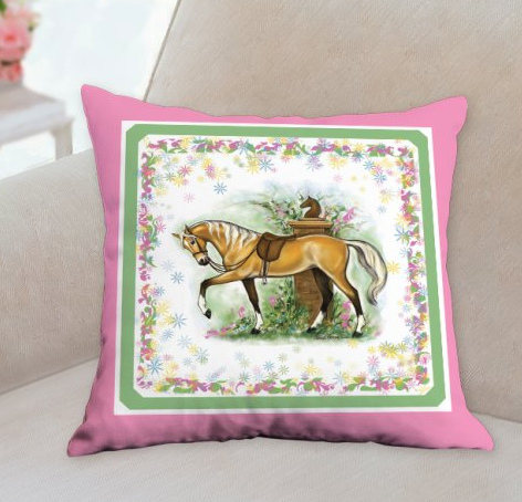Palomino Riding horse pink pillow by Patricia Borum